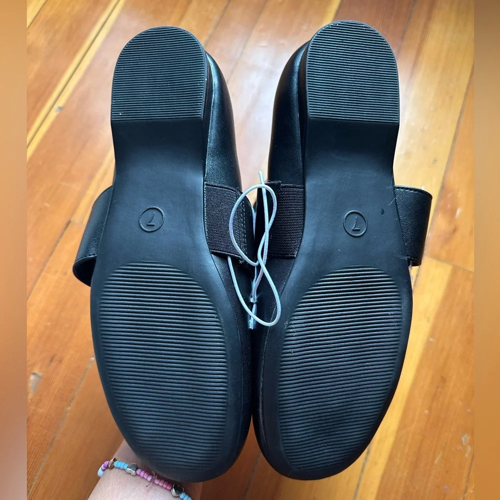 a new day Black Leather Mary Jane Flats with Chunky Silver Chain Strap